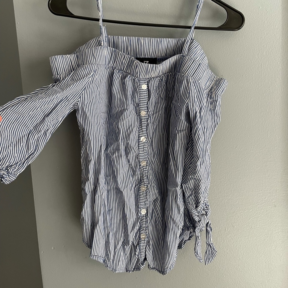 off the shoulder. blue and white stripe